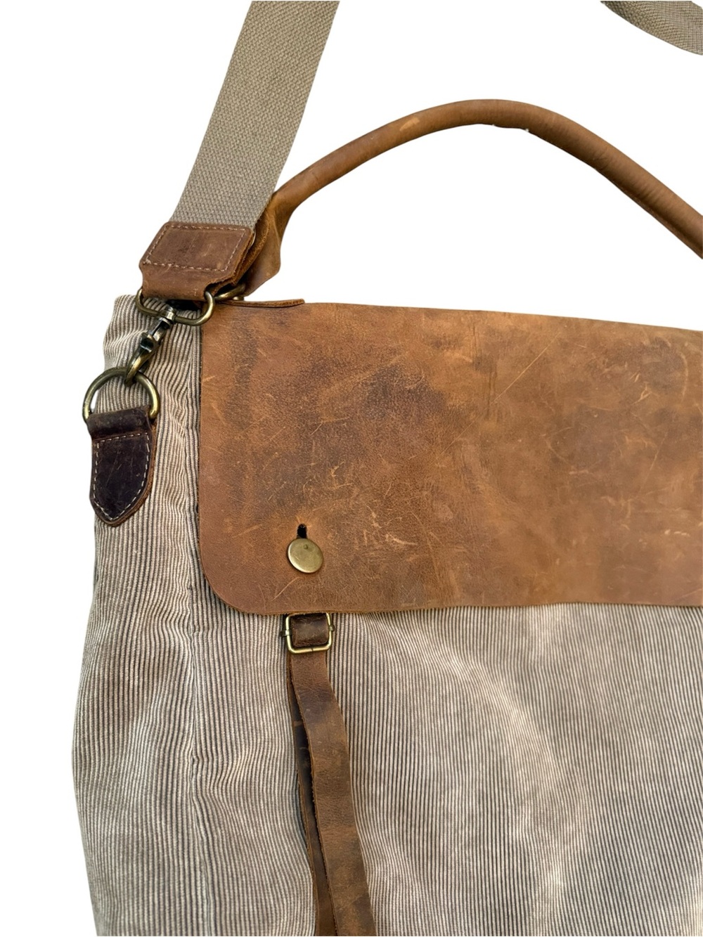 Street Level Men's large tan corduroy & brown Leather Messenger crossbody Bag - Picture 6 of 10